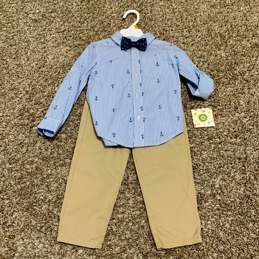 Little Me Blue Striped Anchor Shirt with Navy Bow Tie and Khaki Pants